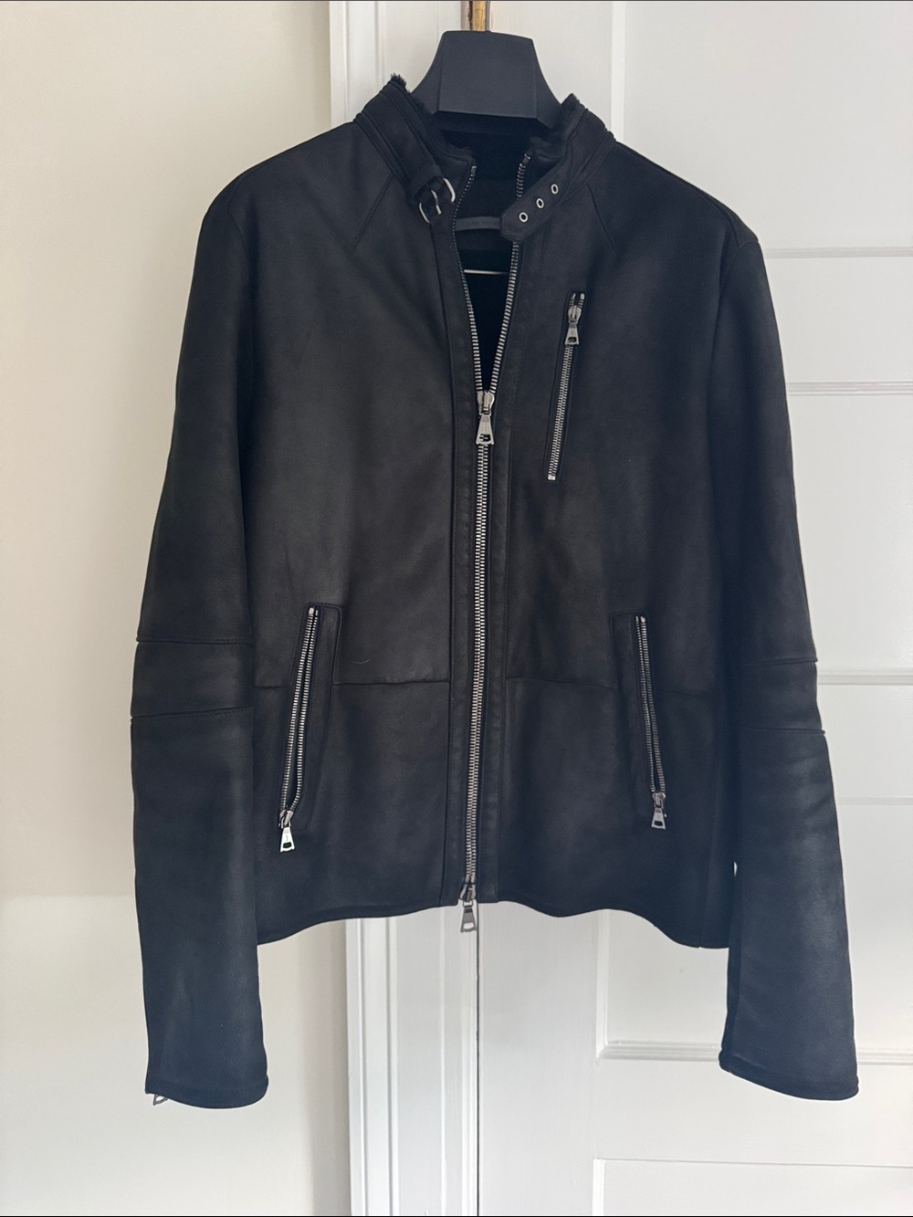 John Varvatos Black Leather Shearling Bomber Jacket